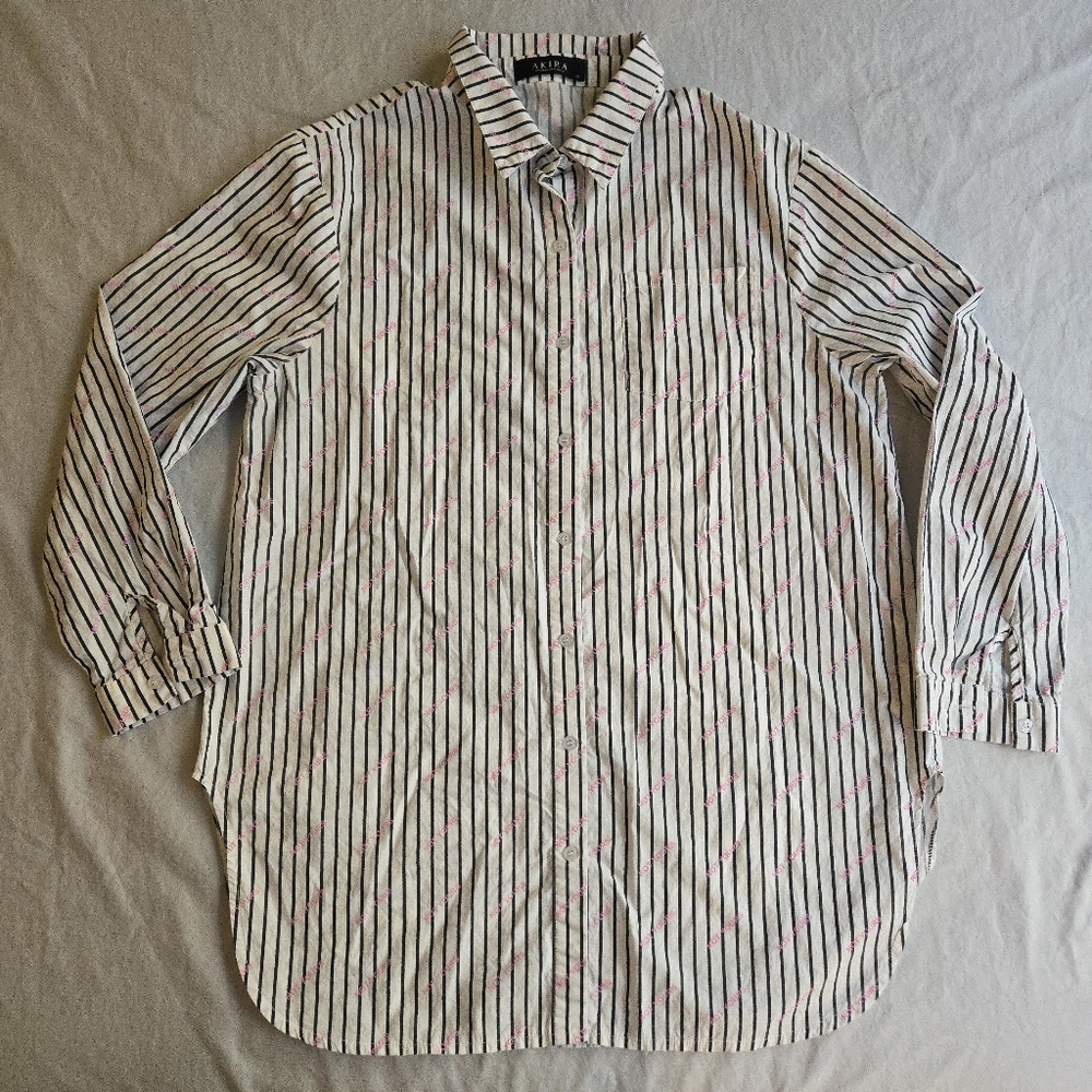 Akira Not Yours White Navy Stripe Pink Text Button Down Eclectic Grandpa